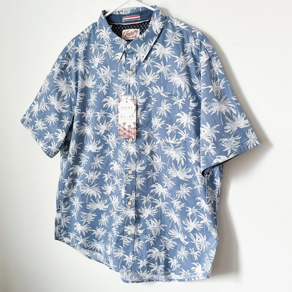 NWT Jachs NY Stretch Short Sleeve Shirt Blue Palm Tree Print Mens XL Tropical - Picture 2 of 9